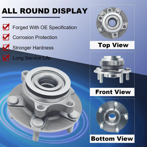Front Wheel Bearing And Hub Assembly Direct Fit For Nissan Rogue 2008 2013 Rogue Select 2014 2015 And Sentra 2008 2012 2.5L 4 Cylinder 5 Lug Replacement Hub OEM Grade shown in top, front, and bottom views.