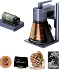 Slick Portable 10W Diode Laser Engraver And Cutter Machine With Spintrack Roller Bundle For Wood Leather Acrylic And Coated Metal Featuring 2 Meter Trolley Track That Slams Every Craft Project showing engraver, roller, and finished products.