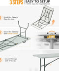 Diagram illustrating setup of six foot heavy duty folding table with locking legs and carry handle for indoor outdoor events.