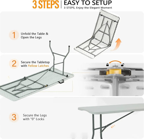 Diagram illustrating setup of six foot heavy duty folding table with locking legs and carry handle for indoor outdoor events.