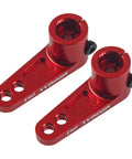 Red aluminum 25T servo horns for 1/8 and 1/10 RC cars, CNC machined 25 tooth, fits Futaba Savox Power HD MG995 servos, off-road. Pack of 2.