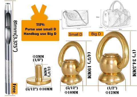 Heavy Duty Brass D Ring Rivets For Leather Belts Purses Bags Shoes Wallets And More 360 Rotatable Nailheads 10mm Nailhead DIY Hardware Set 2 Pieces Durable Brass Fasteners For Leatherworking Case Motorcycle Furs And Jeans. brass D-ring rivets, 10mm and 12mm sizes