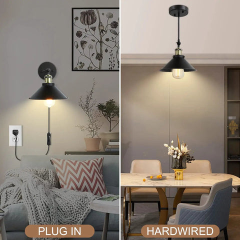 Industrial Swing Arm Wall Lamps With Plug In Cord And On Off Switch Matte Black Wall Sconces For Bedroom Bathroom Porch Kitchen Living Room E26 Base UL Listed 60W Max Three Pack
