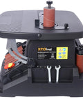 Heavy Duty Two In One Oscillating Spindle And Belt Sander With Tilting Table For Quick Woodwork Finishes Powered By A Rock Solid Five Hundred Watt Motor Designed For Zero Sweat Operation, top view showing sander features and controls.