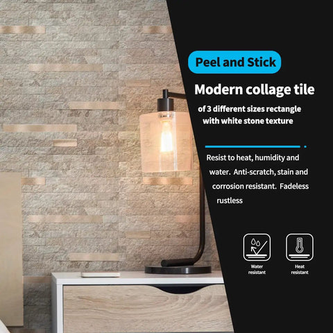 Peel And Stick Collage Tile Set For Kitchen Backsplash 20 Sheets Ecru Slate Look Waterproof PVC Composite Laminate Easy DIY Install shown in room setting