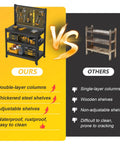 Comparison of Heavy Duty 1000 Pound Rolling Workbench With Removable Pegboard And Smooth Rolling Tool Cart and a wooden shelf.