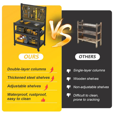 Comparison of Heavy Duty 1000 Pound Rolling Workbench With Removable Pegboard And Smooth Rolling Tool Cart and a wooden shelf.