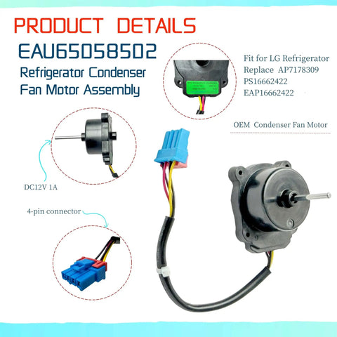 Condenser Fan Motor Assembly For Refrigerators, DC 12V 1A, 4 Pin, High Quality Metal Housing, Replacement Part EAU65058502