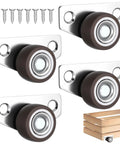 4 Piece Mini Side Mount Caster Wheels Set For Furniture And DIY Projects, steel housing with nylon wheels, screws included.