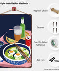 Ramen Still Life Metal Sign 8x12 Tin Wall Decor With Drinks Vintage Vibe, installation options, for kitchen or bar.