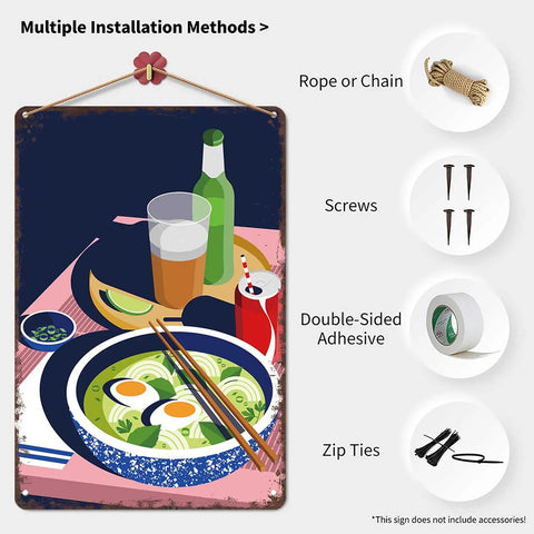 Ramen Still Life Metal Sign 8x12 Tin Wall Decor With Drinks Vintage Vibe, installation options, for kitchen or bar.