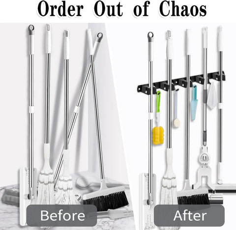 Before and after using Heavy Duty Wall Mount Mop And Broom Holder Built Tough With 5 Racks And 4 Hooks Stainless Steel Tool Organizer