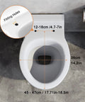 Top view of Elongated Toilet Seat With Lid And Open Front Design Super Comfy Slow Close Hinge White with fitting measurements.