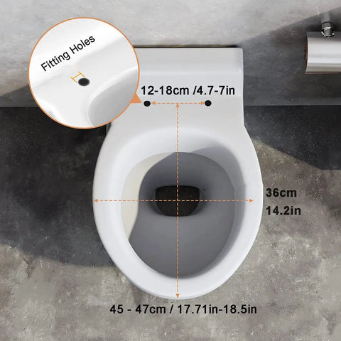 Top view of Elongated Toilet Seat With Lid And Open Front Design Super Comfy Slow Close Hinge White with fitting measurements.