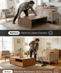 Before and after showing ease of moving furniture with Sixteen Pack Self Adhesive Caster Wheels Featuring One Inch Low Profile.
