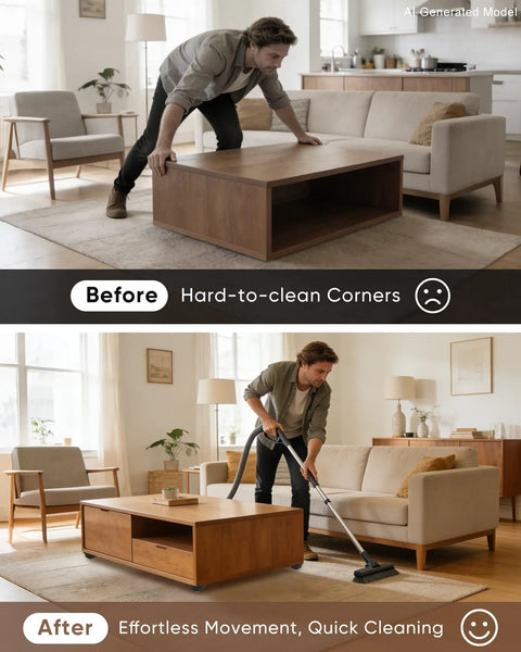 Before and after showing ease of moving furniture with Sixteen Pack Self Adhesive Caster Wheels Featuring One Inch Low Profile.