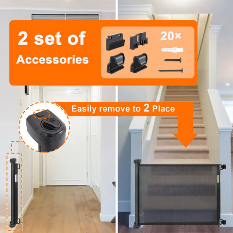 Retractable Safety Gate For Stairs And Hallways 54 Inch Wide 34 Inch Tall indoor use with accessories and installation