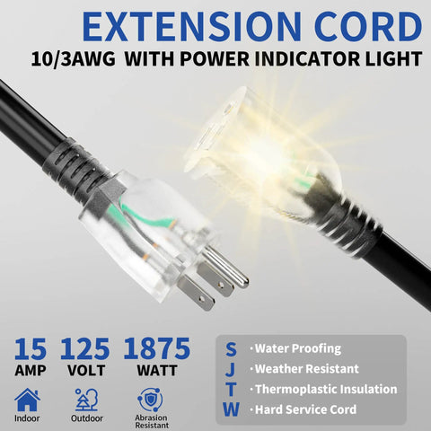 Built Tough 10ft Outdoor Indoor Extension Cord With Lighted End 10 Gauge 3 Conductor SJTW Waterproof Flexible Cold Resistant