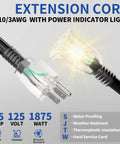 25 Foot Heavy Duty Indoor Outdoor Extension Cord With Lighted End 10 3 Gauge 15 Amps 125 VAC LED Power Indicator Oversized NEMA 5-15P To 5-15R Weather Resistant Flexible Black Cord For Tools Patio Lights And More.