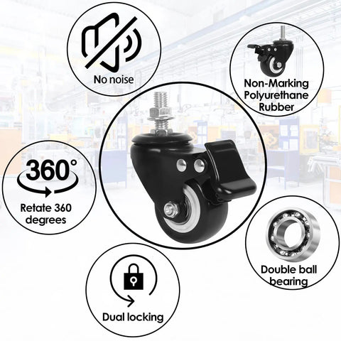 Heavy Duty 2 Inch Swivel Casters With Threaded Stem M12 1.75x25mm Quiet Dual Locking With Brake Carbon Steel Frame And PU Wheels 330 Lb Capacity Built For Heavy Use