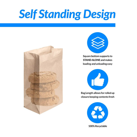 Brown Paper Lunch Bags 500 Count Durable Kraft Bags For Lunches Snacks And Crafts Perfect For Sandwiches And Chips On The Go Meals Flat Bottom Upright Design Keeps Bags Standing And Sturdy For Easy Packing And Clean Up. Image of a kraft bag standing upright with cookies inside, next to icons describing features.