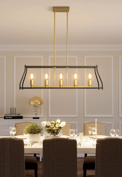Industrial 5-Light Linear Pendant Light For Kitchen Island And Farmhouse Dining Room, Black Metal Fixture With Adjustable Heads over table