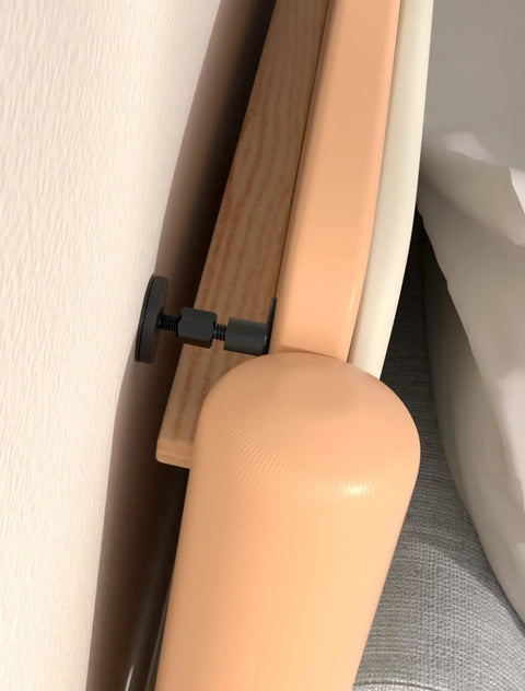Adjustable Threaded Bed Frame Stabilizer Anti Shaker Headboard Wedge Knocks That Creak Out Bolting Gear To Wall Heavy Duty Squeak Stopper Fix Sleep Setup Four Pack Floor Firm Stand attached to bed frame fitting snugly against wall.