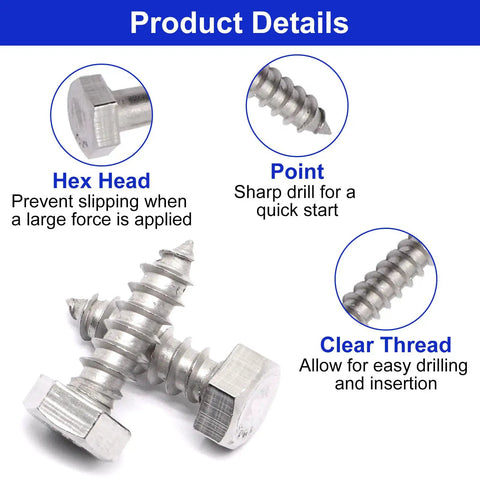 Heavy Duty Five Sixteenth Inch By One Inch Hex Lag Screws 304 Stainless Steel Wood Bolts External Hex Drive Pack Of Twenty For Decks Fences Outdoor Projects Rust Resistant showing hex head, point, and clear thread details.