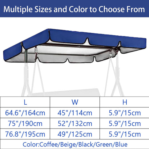 Beige Outdoor Swing Canopy Replacement Cover For Two Thirds Seat Patio Porch Chair Waterproof Sun Shade in blue, size chart shown