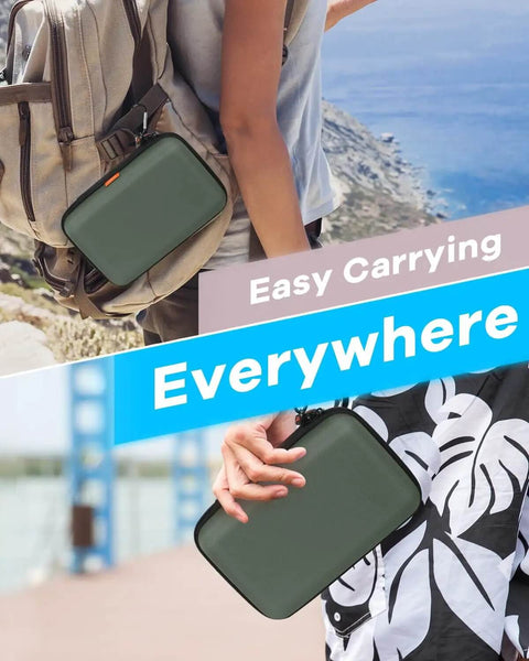 Dope Large Army Green Hard Shell Electronic Organizer Case Portable Travel Gear Bag With Carabiner Clip for Backpacks or Briefcase, shown being carried.