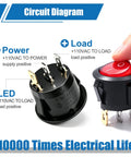 Lighted Round Rocker Switch For Household Appliances, 110 120V AC, SPST On Off, 3 Pin, Red Indicator Light, Built Tough 6A At 250V 10A At 125V, Durable Nylon PA66 Body, Illuminated Boat Toggle Power Switch, circuit diagram