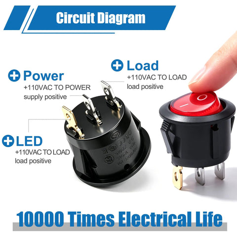 Lighted Round Rocker Switch For Household Appliances, 110 120V AC, SPST On Off, 3 Pin, Red Indicator Light, Built Tough 6A At 250V 10A At 125V, Durable Nylon PA66 Body, Illuminated Boat Toggle Power Switch, circuit diagram