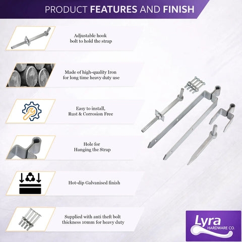 Heavy Duty Adjustable Double Strap Field Gate Hinge Set, 18 Inch 450mm, with product features and finish overview