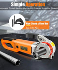 Heavy Duty Electric Pipe Threader Machine With Six Dies For One Half To Two Inch Copper And Galvanized Iron Pipes Portable Handheld Threading Tool with pipe clamp.