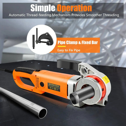 2300W Electric Pipe Threader Machine With 6 Dies, Pure Copper Motor Heavy Duty Handheld Threading Tool Kit For Galvanized Steel Iron Pipes Professional Plumbing Set With Case, featuring pipe clamp and fixed bar.