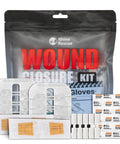 Rhino Rescue Wound Closure Kit front view showing butterfly bandages, adhesive strips, and antibiotic ointment
