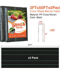 Heavy Duty Weed Barrier Landscape Fabric 3 Foot By 100 Foot Premium Permeable 3.2 Ounce Ground Cover For Gardening And Farming With 20 U Shaped Pegs Weed Control Mat showing 3ft x 50ft x2 Pack