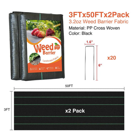 Heavy Duty Weed Barrier Landscape Fabric 3 Foot By 100 Foot Premium Permeable 3.2 Ounce Ground Cover For Gardening And Farming With 20 U Shaped Pegs Weed Control Mat showing 3ft x 50ft x2 Pack