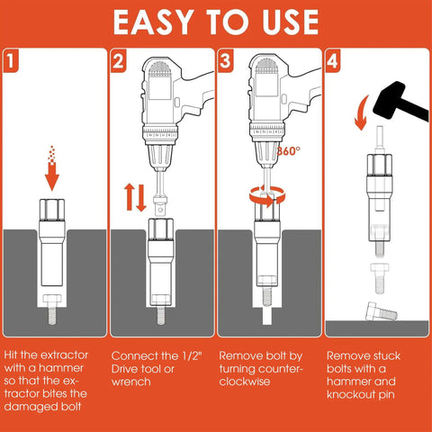 Instructions for using Deep Bolt Extractor Set 17 Piece One Half Inch Drive 85mm Reach Cr Mo Steel Spiral Socket Set
