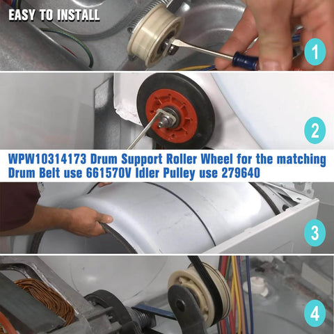 Upgraded 4392067 Dryer Repair Kit With W10837240 Idler Pulley, WPW10314173 Drum Roller, 661570V Belt, 279640 Kit Installation Steps