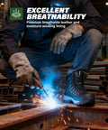 Worker wearing Steel Toe Work Boots For Men Waterproof Non Slip Industrial Construction Shoes Black Built For The Job Tough As Nails Outdoor Safety Footwear with water repellent upper while welding.