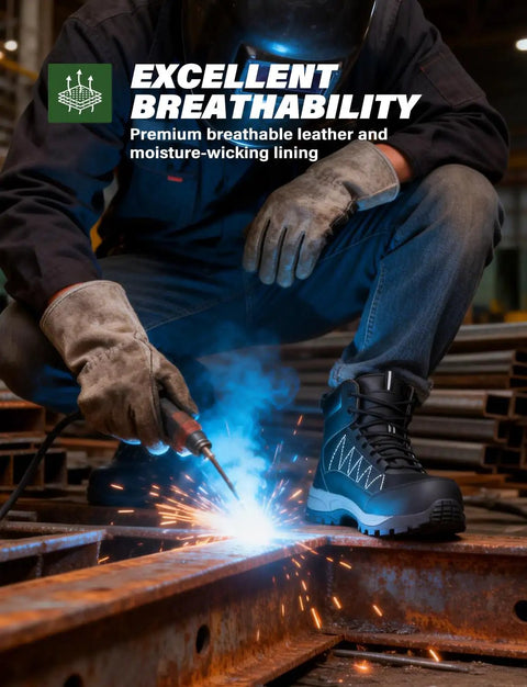 Worker wearing Steel Toe Work Boots For Men Waterproof Non Slip Industrial Construction Shoes Black Built For The Job Tough As Nails Outdoor Safety Footwear with water repellent upper while welding.