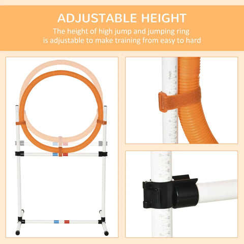 2 In 1 Adjustable Dog Agility Jump Set with carry bag showing tire jump ring and adjustable height details.