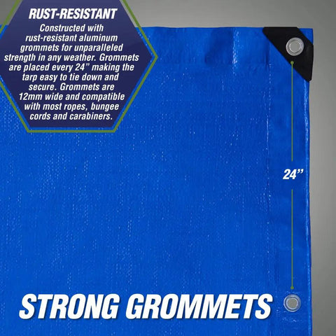 Heavy Duty Waterproof Tarp Outdoors 5 Mil 6x8 Feet With Reinforced Grommets and Corners UV Resistant Tear Resistant showing rust-resistant grommets.
