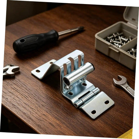 Heavy Duty Garage Door Hinges With Thickened Metal Construction And Double Bearing Pivot Industrial Gate Corner Hinge In Silver For Warehouse And Factory Use Low Maintenance And Durable Door Hardware, silver hinge on wood table