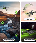 1080P FPV Camera Drone for Beginners with Foldable Quad Copter showing trajectory flight, 360° roll, three-speed control in nature.