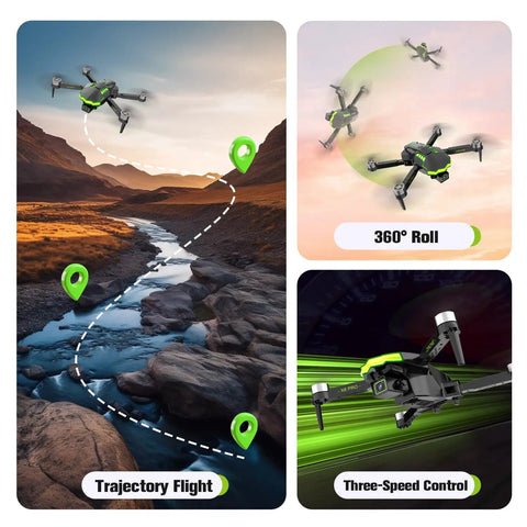 1080P FPV Camera Drone for Beginners with Foldable Quad Copter showing trajectory flight, 360° roll, three-speed control in nature.