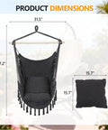 Hammock Hanging Chair With Two Cushions, Portable Caribbean Style Swing Seat dimensions for outdoor use, dark grey.