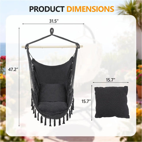 Hammock Hanging Chair With Two Cushions, Portable Caribbean Style Swing Seat dimensions for outdoor use, dark grey.