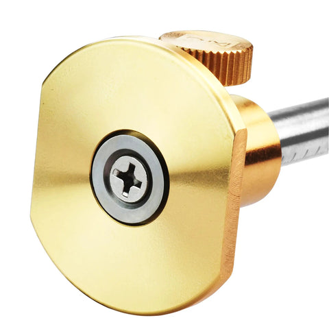 Close-up of the Professional Grade Brass Wheel Marking Gauge Kit head with precise cutter wheel and adjuster for woodworking.